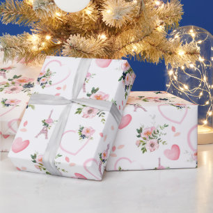 Papier Cadeau Aquarelle Blush Floral Tour Eiffel Motif