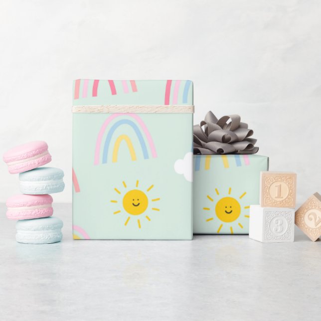 Papier Cadeau Aquarelle Boho arc-en-ciel et soleil (Baby Shower)
