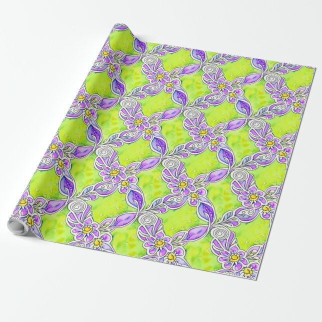 Papier Cadeau Aquarelle Boho inspirée Art nouveau Floral (Déroulé)