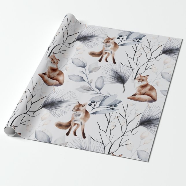 Papier Cadeau Aquarelle botanique de renard d'hiver (Déroulé)