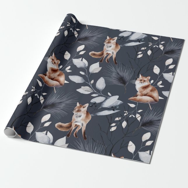Papier Cadeau Aquarelle botanique de renard d'hiver (Déroulé)
