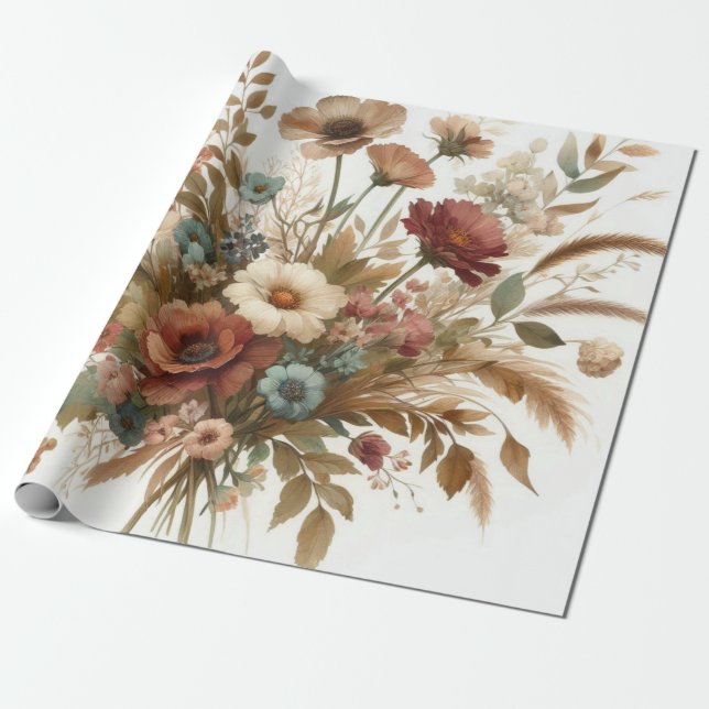Papier Cadeau Aquarelle botanique Élégante florales d'automne (Déroulé)