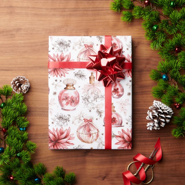 Papier Cadeau Aquarelle bouteilles de parfum rose Noël (Cadeau de vacances)