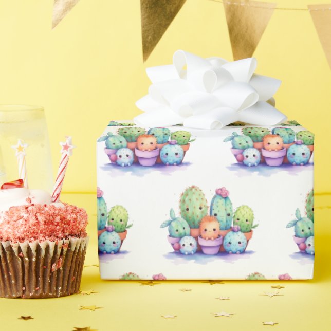 Papier Cadeau Aquarelle cactus en blanc (Fête d'anniversaire)