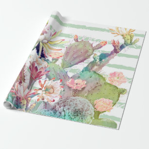Papier Cadeau Aquarelle cactus, motifs floraux et rayures