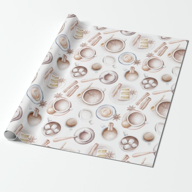 Papier Cadeau Aquarelle café, gâteau et cacao (Déroulé)