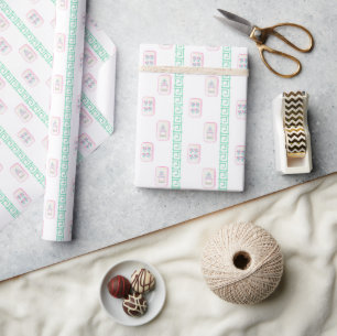 Papier Cadeau Aquarelle Carreaux de Mahjong rose et vert