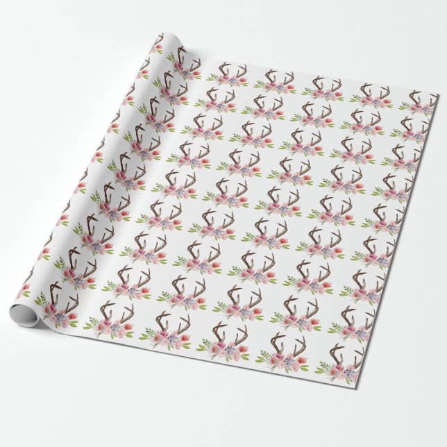 Papier Cadeau Aquarelle Cerfs Antlers Fleurs sauvages (Déroulé)