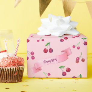 Papier Cadeau Aquarelle Cerises mignonne Girly rose Personnalisé