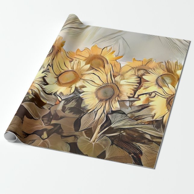 Papier Cadeau Aquarelle Champ De Fleurs De Soleil Élégante Colle (Déroulé)