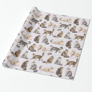 Papier Cadeau Aquarelle Chat à Poils Longs Gingham
