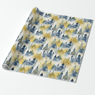 Papier Cadeau Aquarelle Châteaux Papier d'enveloppement - bleu e
