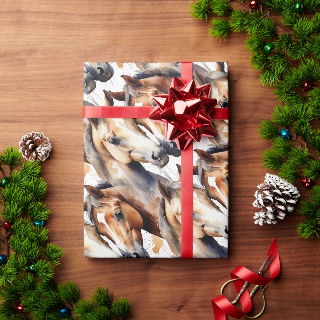 Papier Cadeau Aquarelle Chevaux mignons Animaux Nature (Cadeau de vacances)