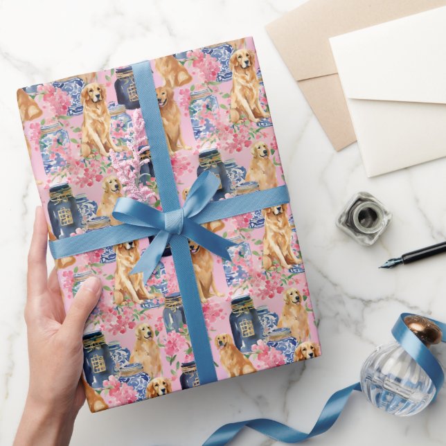 Papier Cadeau Aquarelle Chinoiserie Chiens et jarres de gingembr (Cadeaux)