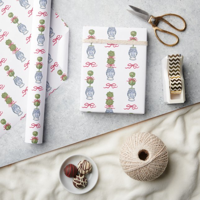 Papier Cadeau Aquarelle Chinoiserie Noël Bow rouge Topio (Artisanat)