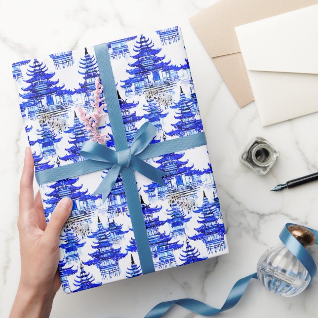 Papier Cadeau Aquarelle Chinoiserie Pagode Bleue (Cadeaux)