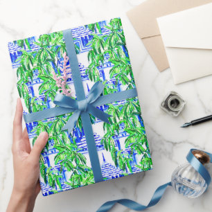 Papier Cadeau Aquarelle Chinoiserie Pagode Bleue