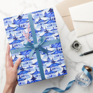 Papier Cadeau Aquarelle Chinoiserie Pagode Bleue