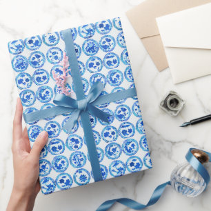 Papier Cadeau Aquarelle Chinoiserie Plaques Bleues Motif