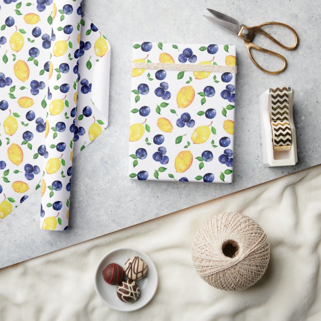 Papier Cadeau Aquarelle Citron et bleuets (Artisanat)