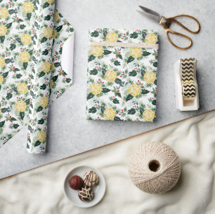 Papier Cadeau Aquarelle Citron et Noël Motif Holly