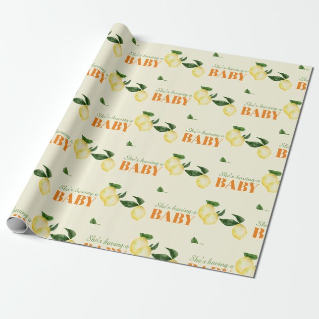Papier Cadeau Aquarelle Citrons Baby shower jaune (Déroulé)