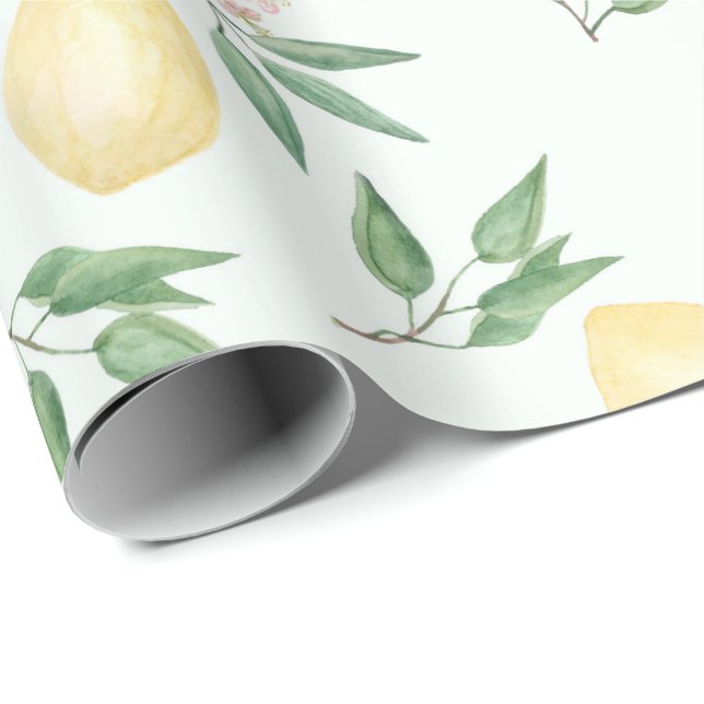Papier Cadeau Aquarelle citrons fruits agrumes nature jaune frai (Coin rond)