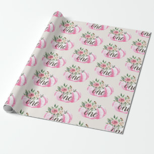 Papier Cadeau Aquarelle Citrouille Or rose Floral 1er anniversai