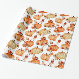 Papier Cadeau Aquarelle Citrouille Orange Floral Roses