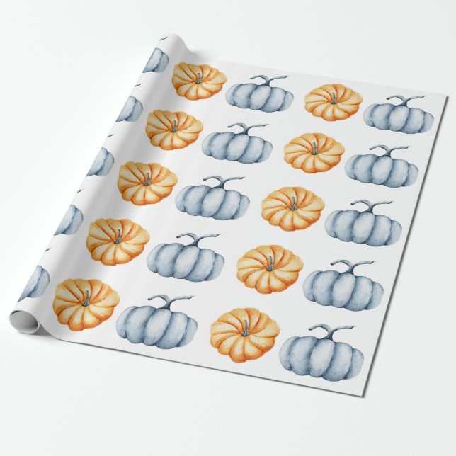 Papier Cadeau Aquarelle citrouille Thanksgiving orange et bleu (Déroulé)