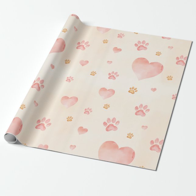 Papier Cadeau Aquarelle Coeurs et Empreintes de pattes Motif (Déroulé)