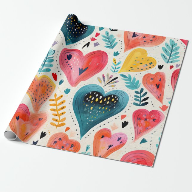 Papier Cadeau Aquarelle Coeurs Valentine (Déroulé)