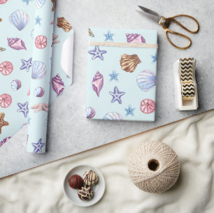 Papier Cadeau Aquarelle Coquillages Marine Vie Bleu clair