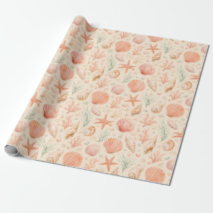 Papier Cadeau Aquarelle Côtière Corail Coquillage