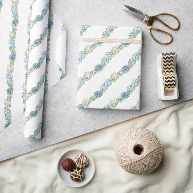 Papier Cadeau Aquarelle Côtière Mer Jardin de Noël (Artisanat)