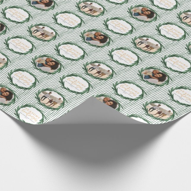 Papier Cadeau Aquarelle couronne et rayures photo de noël (Coin)