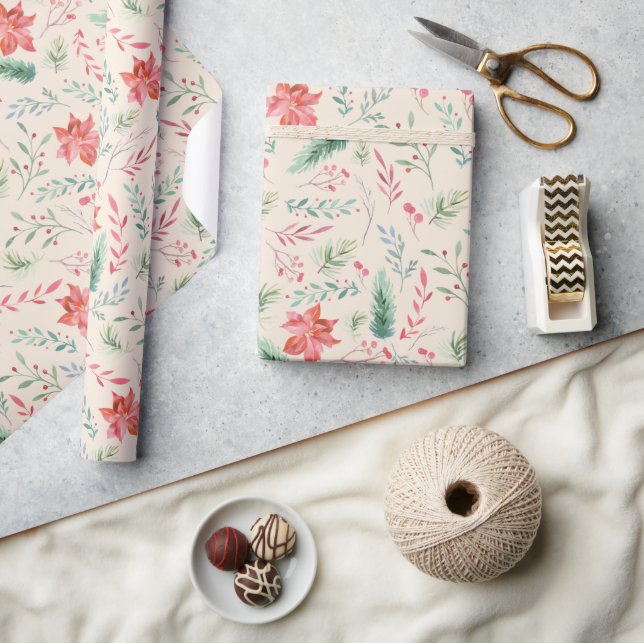 Papier Cadeau Aquarelle Crème de fleurs rouges vert de Noël (Artisanat)