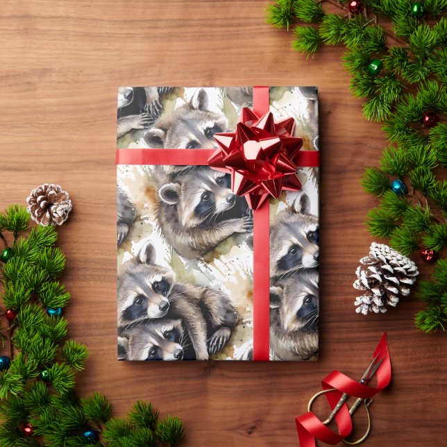 Papier Cadeau Aquarelle Cute Raccoon Animal Faune Nature (Cadeau de vacances)