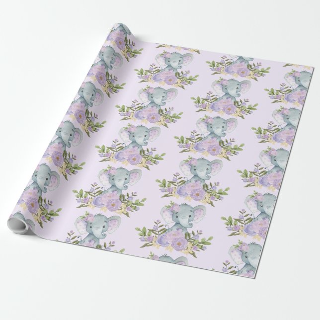 Papier Cadeau Aquarelle de bébé pourpre Eléphant Jungle florale (Déroulé)