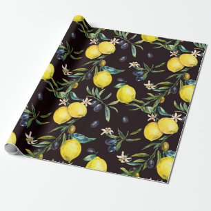 Papier Cadeau Aquarelle de branches de citron et d'olivier, patt
