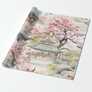 Papier Cadeau Aquarelle de la pagode asiatique au milieu des fle