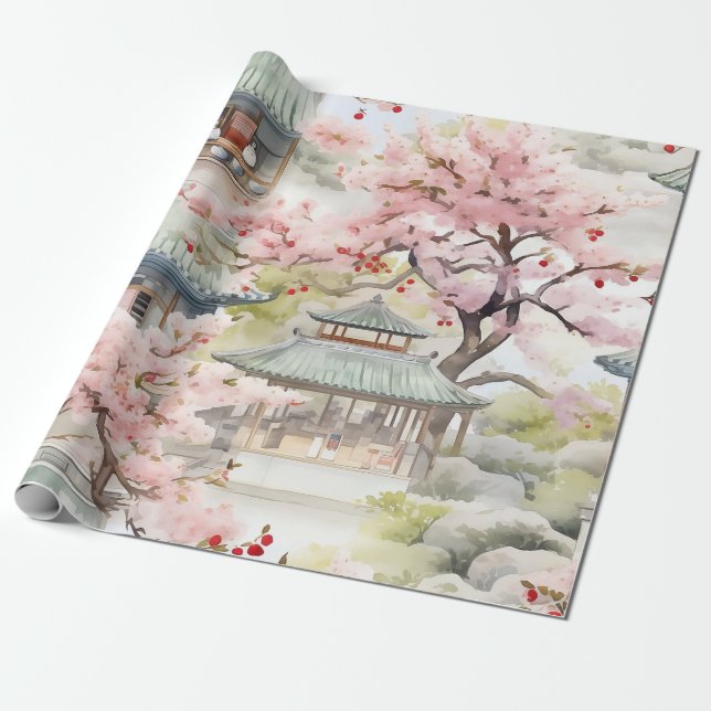 Papier Cadeau Aquarelle de la pagode asiatique au milieu des fle (Déroulé)
