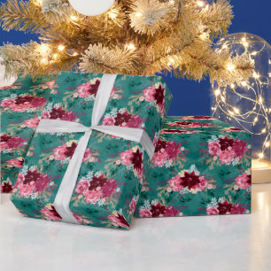Papier Cadeau Aquarelle de Noël bourguignonne et Turquoise