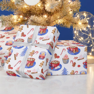Papier Cadeau Aquarelle de Noël Chocolat chaud et sucré