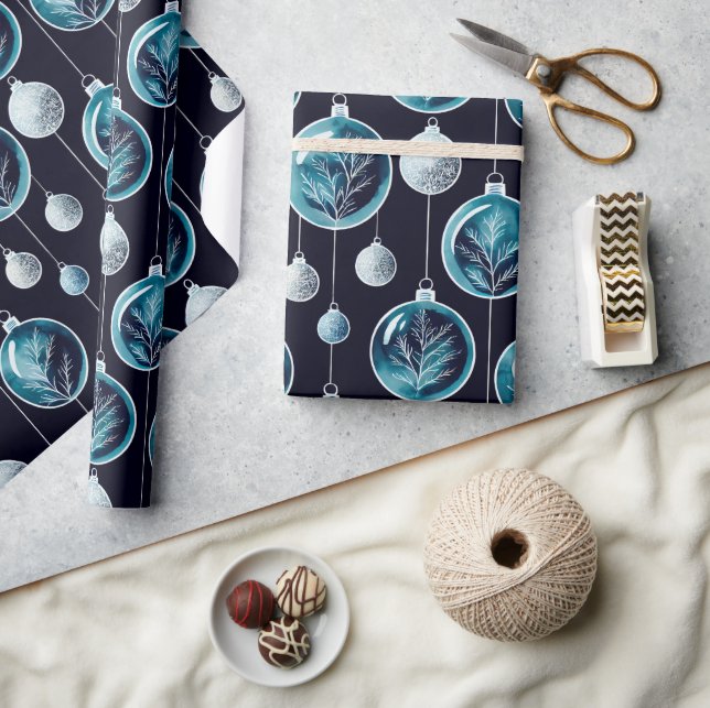 Papier Cadeau Aquarelle de Noël de luxe Baubles botaniques bleus (Artisanat)