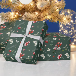 Papier Cadeau Aquarelle de Noël Festive Foliage Holly Berry