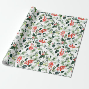 Papier Cadeau Aquarelle de Noël Festive Foliage Holly Berry