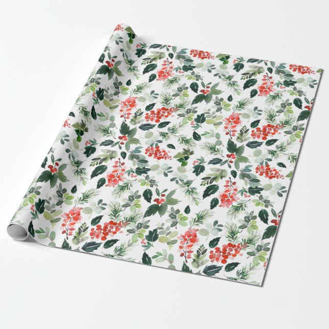 Papier Cadeau Aquarelle de Noël Festive Foliage Holly Berry (Déroulé)