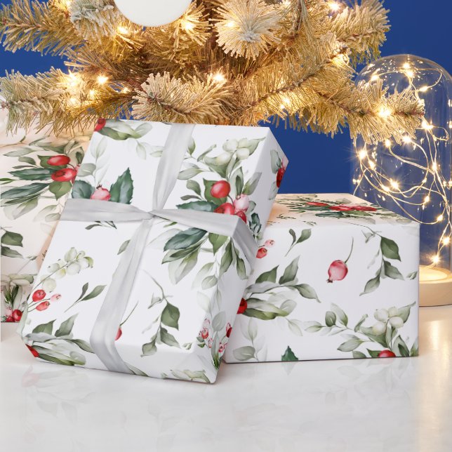 Papier Cadeau Aquarelle de Noël Festive Foliage Holly Berry (Vacances)