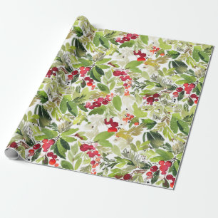 Papier Cadeau Aquarelle de Noël Festive Foliage Holly Berry